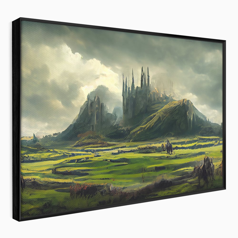 Tablou canvas cu tablou canvas cu cetate medievala si peisaj, in rama de aluminiu negru